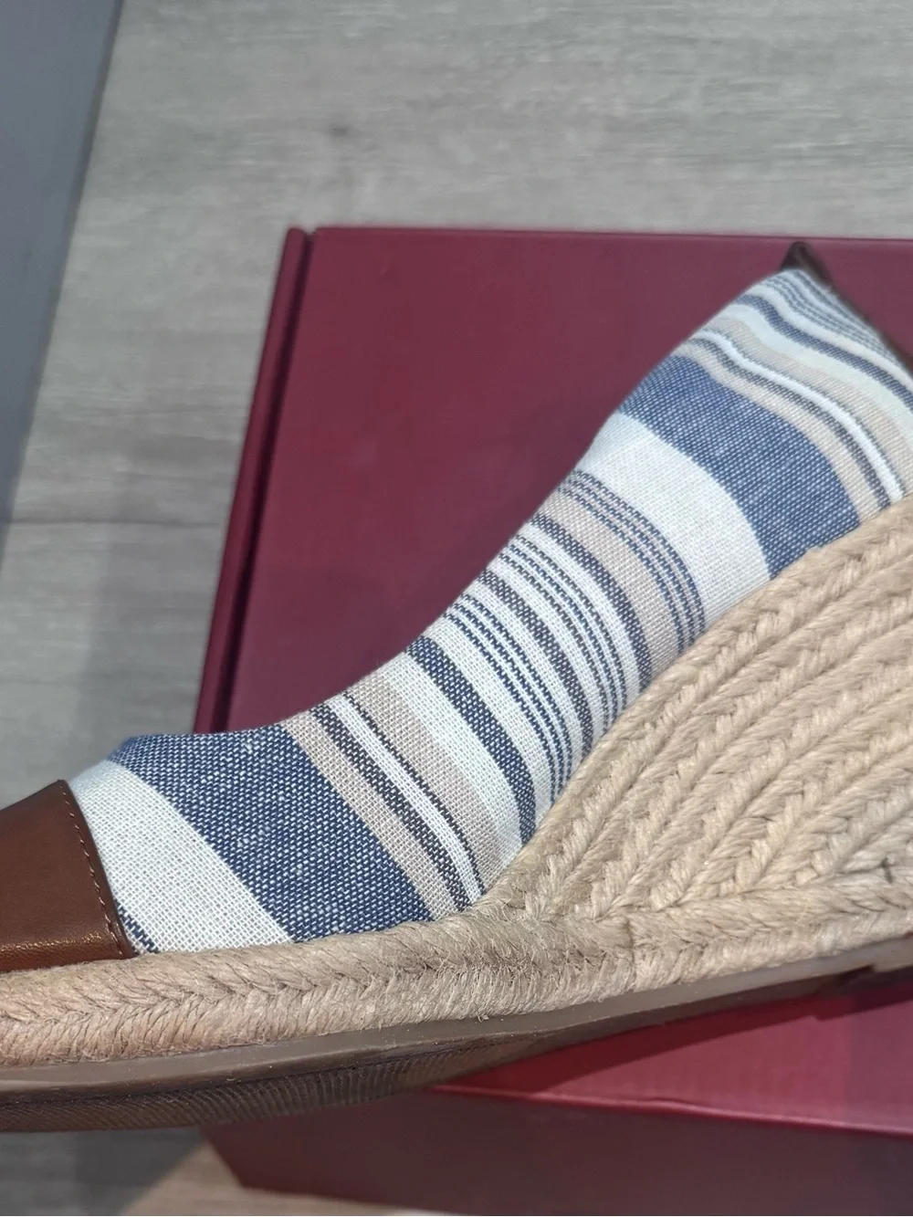G.H. Bass & Co. Blue and White Striped Espadrille Wedge with Brown Cap Toe